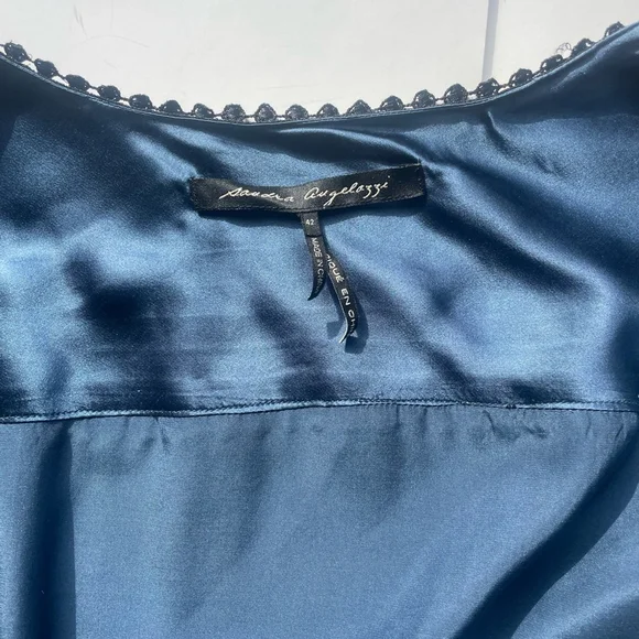 SANDRA ANGELOZZI Silk Wrap Blouse — Navy Silk Satin Wrap Top Large 42 - Picture 5 of 9